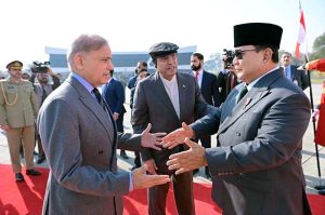 President Asif Ali Zardari and Prime Minister Muhammad Shehbaz Sharif welcoming the President of Indonesia H.E. Prabowo Subianto upon his arrival at Noor Khan Base