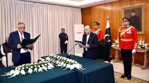 President Asif Ali Zardari administering the oath of office to Mr. Zafar ul Haq Hijazi as Federal Tax Ombudsman at Aiwan-e-Sadr