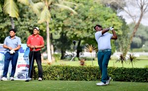 A golfer takes a shot during the 29th CNS Open Golf Championship 2024 at Karachi Golf Club.