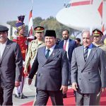 President Asif Ali Zardari and Prime Minister Muhammad Shehbaz Sharif welcoming the President of Indonesia H.E. Prabowo Subianto upon his arrival at Noor Khan Base