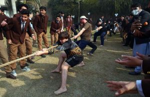 Students compete in the Tug of War during the Annual Sports Gala-2025 at Peshawar Model Degree College Boys, Dalazak.