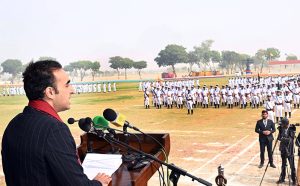 Pakistan People’s Party (PPP) Chairman Bilawal Bhutto Zardari inspects the passing-out parade during the 63rd Parents’ Day at Cadet College Petaro.