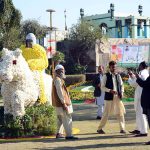 Senior citizens take photos with mobile phones during the Gul-e-Daudi flower exhibition at Qasim Bagh.