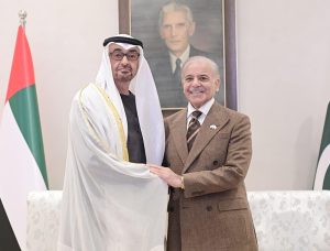 Prime Minister Muhammad Shehbaz Sharif meets the President of UAE, Mohamed bin Zayed al-Nahyan.