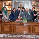 Chairman Senate Syed Yousaf Raza Gilani, along with senators, cuts a cake to mark the 58th Youm-e-Tasees of the Pakistan People’s Party (PPP) at Parliament House
