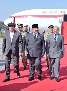 President Asif Ali Zardari and Prime Minister Muhammad Shehbaz Sharif welcoming the President of Indonesia H.E. Prabowo Subianto upon his arrival at Noor Khan Base
