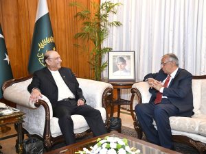 President Asif Ali Zardari in a meeting with Mr. Zafar ul Haq Hijazi Federal Tax Ombudsman at Aiwan-e-Sadr