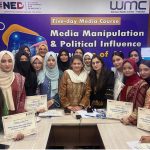 Sindh Government Spokesperson Sadia Javed poses for a group photo with participants of a workshop organized by the Women Media Center