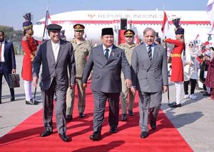 President Asif Ali Zardari and Prime Minister Muhammad Shehbaz Sharif welcoming the President of Indonesia H.E. Prabowo Subianto upon his arrival at Noor Khan Base