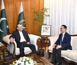 President Asif Ali Zardari in a meeting with Ambassador of Tajikistan to Pakistan, Mr. Sharifzoda Yusuf Tohir, at Aiwan-e-Sadr