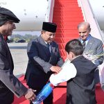 President Asif Ali Zardari and Prime Minister Muhammad Shehbaz Sharif welcoming the President of Indonesia H.E. Prabowo Subianto upon his arrival at Noor Khan Base