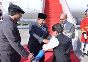 President Asif Ali Zardari and Prime Minister Muhammad Shehbaz Sharif welcoming the President of Indonesia H.E. Prabowo Subianto upon his arrival at Noor Khan Base