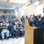 Federal Minister for Information and Broadcasting Attaullah Tarar addressing the book launch ceremony of “Nawaz Sharif, Mard-e-Ahan”, written by senior journalist Nawaz Raza, at the Lahore Press Club.