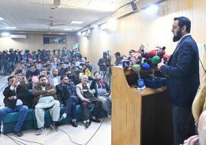 Federal Minister for Information and Broadcasting Attaullah Tarar addressing the book launch ceremony of “Nawaz Sharif, Mard-e-Ahan”, written by senior journalist Nawaz Raza, at the Lahore Press Club.