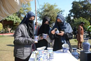 Senior citizens take photos with mobile phones during the Gul-e-Daudi flower exhibition at Qasim Bagh.