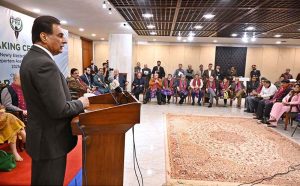 Speaker National Assembly Sardar Ayaz Sadiq addresses participants during the oath-taking ceremony of the newly elected body of the Parliamentary Reporters Association at Parliament House