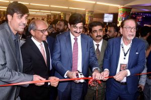 Chief Minister Sindh Syed Murad Ali Shah, accompanied by Provincial Ministers Saeed Ghani and Zulfiqar Shah, cuts the ribbon to inaugurate the newly renovated School of Visual and Performing Arts (SOVAPA) building at the Arts Council of Pakistan
