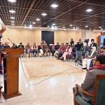 Federal Minister for Information and Broadcasting Attaullah Tarar addresses participants at the oath-taking ceremony of the newly elected body of the Parliamentary Reporters Association at Parliament House