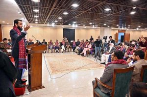 Federal Minister for Information and Broadcasting Attaullah Tarar addresses participants at the oath-taking ceremony of the newly elected body of the Parliamentary Reporters Association at Parliament House