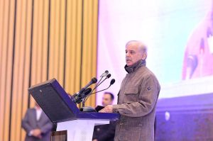 Prime Minister Muhammad Shehbaz Sharif addresses the ceremony of distribution of laptops among students in University of Azad Jammu and Kashmir.