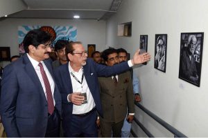 Chief Minister Sindh Syed Murad Ali Shah, accompanied by Provincial Ministers Saeed Ghani and Zulfiqar Shah, cuts the ribbon to inaugurate the newly renovated School of Visual and Performing Arts (SOVAPA) building at the Arts Council of Pakistan