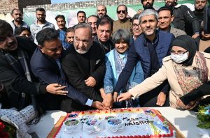 Pakistan Muslim League-Nawaz (PML-N) Punjab Senior Vice President and Provincial Minister for Labor and Manpower Muhammad Manshaullah Butt and others are cutting cake on the birth anniversary of Quaid-e-Azam Muhammad Ali Jinnah and Mian Muhammad Nawaz Sharif at the Muslim League House.