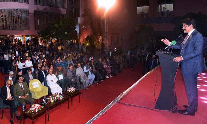 Chief Minister Sindh Syed Murad Ali Shah addresses the inauguration ceremony of the newly renovated School of Visual and Performing Arts (SOVAPA) at the Arts Council of Pakistan
