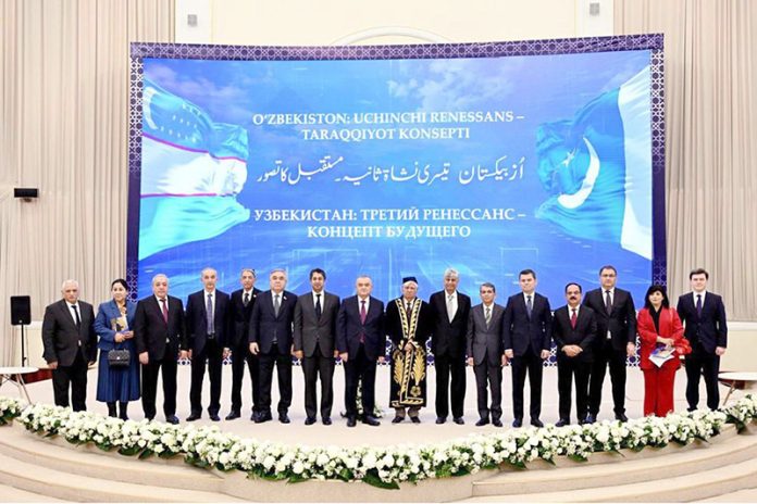 A group photo featuring Rana Ihsaan Afzal Khan along with Pakistani and Uzbek dignitaries at the book presentation ceremony, commemorating a significant cultural and diplomatic milestone in Pakistan–Uzbekistan relations