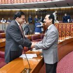 Chairman Senate, Syed Yousaf Raza Gilani shaking hands with Pervez Ashraf, Former Prime Minister during Joint Session of Parliament at Parliament House 