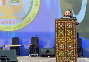 Federal Minister for National Heritage and Culture, Aurangzeb Khan Khichi, addresses the Tajikistan cultural delegation on the first day of its official visit to Pakistan during the two days Pak-Tajik Cultural Festival at Lok Virsa.