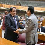 Chairman Senate, Syed Yousaf Raza Gilani shaking hands with Senator Mohammad Abdul Qadir during Joint Session of Parliament at Parliament House