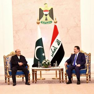 President Asif Ali Zardari in a meeting with Mr Mohammed Shia Al-Sudani, Caretaker Prime Minister of Iraq at Government Palace.