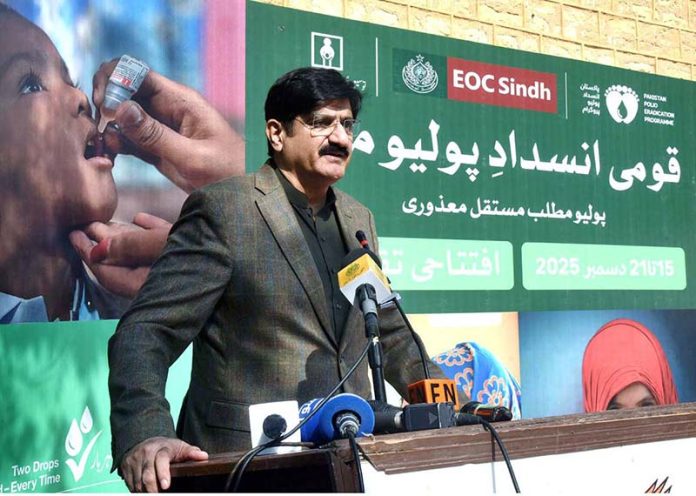 Sindh Chief Minister Syed Murad Ali Shah addresses the media following the launch of the week-long polio eradication campaign at CMS School, UC Old Haji Camp