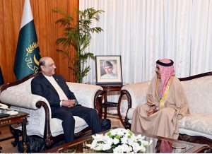 President Asif Ali Zardari in a meeting with Ambassador of the Kingdom of Bahrain, Mr Mohamed Ebrahim Mohamed Abdul Qader, at Aiwan-e-Sadr.