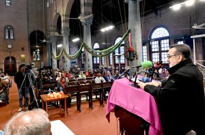 Senator Shaheen Khalid butt managing director Pakistan Baitul Mall addressing a ceremony for distributing financial help cheques among the deserving Christian families at Saint Andrew Church.