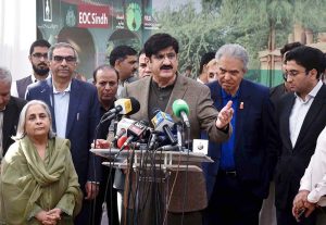 Sindh Chief Minister Syed Murad Ali Shah addresses the media following the launch of the week-long polio eradication campaign at CMS School, UC Old Haji Camp