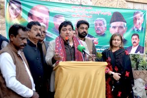 State Minister for Religious Affairs and Interfaith Harmony, Kheel Das Kohistani addresses on the eve of the birth anniversary of the founder of Pakistan Quaid-e-Azam Mohammad Ali Jinnah at Sindhi Muslim Society.