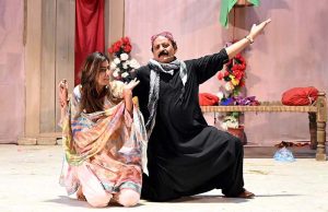 Artists performing in the drama “ Mela Naseeban Ja ” during Drama Festival at Z.A. Bhutto Open Air Theater, Arts Council.