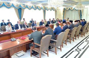 Prime Minister Muhammad Shehbaz Sharif in a bilateral meeting with the delegation from Indonesia led by the Indonesian President H.E. Prabowo Subianto.
