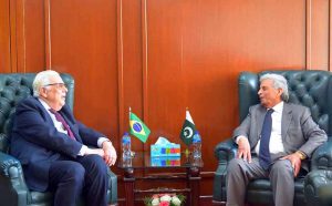 Federal Minister for National Food Security & Research, Mr. Rana Tanveer Hussain, meets with H.E. Mr. Olyntho Vieira, Ambassador of Brazil to Pakistan, to discuss strategic cooperation in livestock, dairy, and meat sectors.