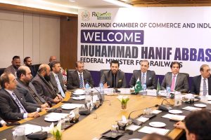 Parliamentary Secretary Information & Broadcasting Barrister Danyal Chaudhry addressing RCCI with Federal Minister for Railways Hanif Abbasi