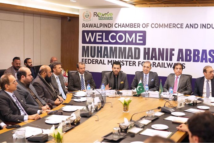 Parliamentary Secretary Information & Broadcasting Barrister Danyal Chaudhry addressing RCCI with Federal Minister for Railways Hanif Abbasi