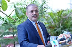 Sindh Senior Minister for Information, Transport, and Mass Transit Sharjeel Memon talking to Media persons at Sindh Assembly