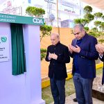 Prime Minister Muhammad Shehbaz Sharif unveils the plaque of inauguration of Iqbal Flyover/T-Chowk Flyover and Islamabad Expressway Signal Free Corridor.