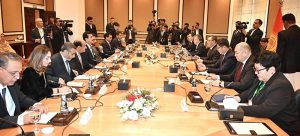 Chairman Senate, Syed Yousaf Raza Gilani and Speaker National Assembly, Sardar Ayaz Sadiq in a meeting with President of the Kyrgyz Republic, Sadyr Japarov.
