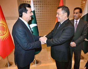 Chairman Senate, Syed Yousaf Raza Gilani shaking hands with president of the Kyrgyz Republic, Sadyr Japarov.