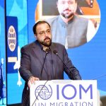 Federal Minister for Overseas Pakistanis and HRD, Chaudhry Salik Hussain addressing the event regarding International Day for Migrants