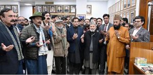 Speaker National Assembly Sardar Ayaz Sadiq along with Federal Minister/Chairman Parliamentary Committee on Kashmir Rana Muhammad Qasim Noon inaugurating the "KASHMIR" corner established in the library to highlight the Kashmir Cause at Parliament House