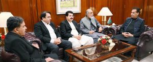 Speaker National Assembly, Sardar Ayaz Sadiq in a meeting with Governor Balochistan, Sheikh Jaffar Khan Mandokhail, Federal Minister for Science and Technology, Khalid Hussain Magsi & Former Chairman Senate, Sadiq Sanjrani at Parliament House
