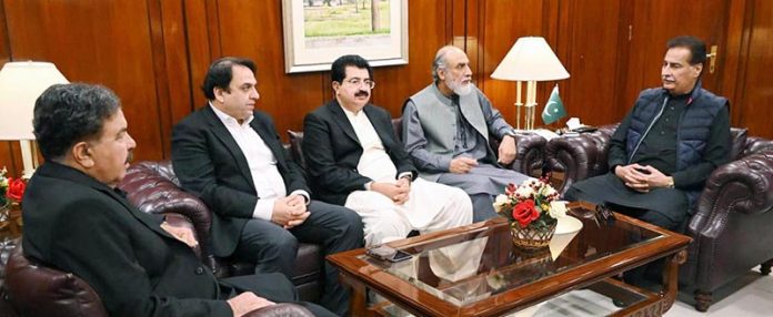 Speaker National Assembly, Sardar Ayaz Sadiq in a meeting with Governor Balochistan, Sheikh Jaffar Khan Mandokhail, Federal Minister for Science and Technology, Khalid Hussain Magsi & Former Chairman Senate, Sadiq Sanjrani at Parliament House